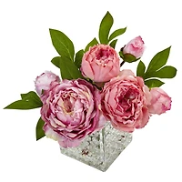 8.5" Pink Peony In Square Textured Glass Vase