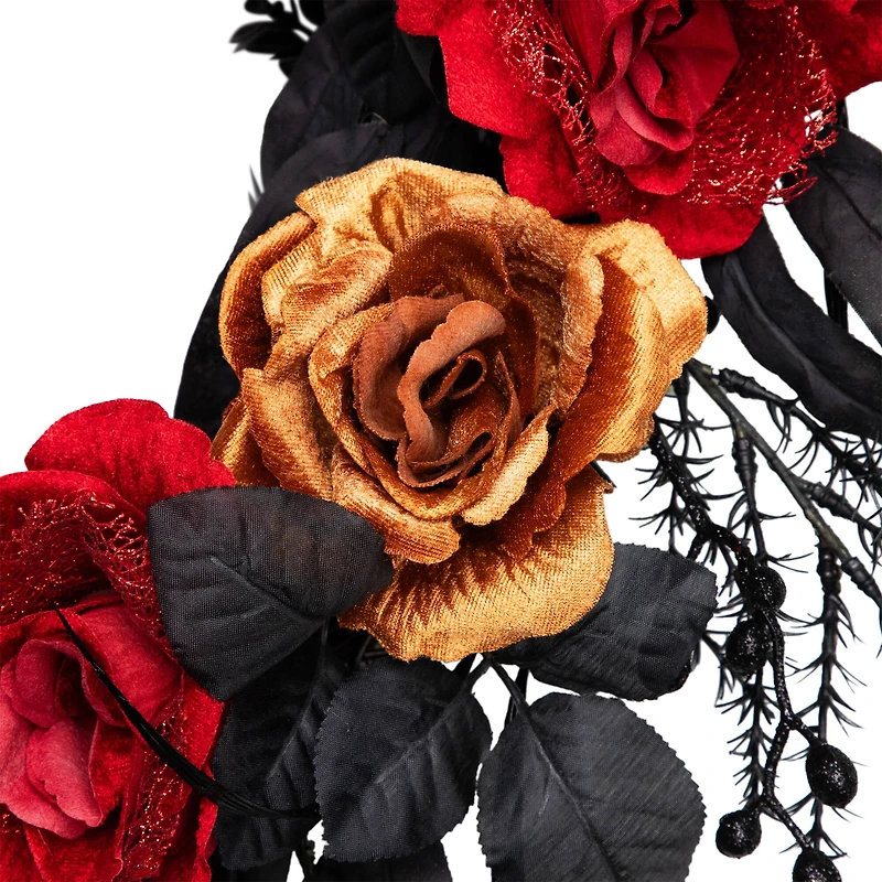 22" Red & Gold Roses with Black Foliage Halloween Wreath