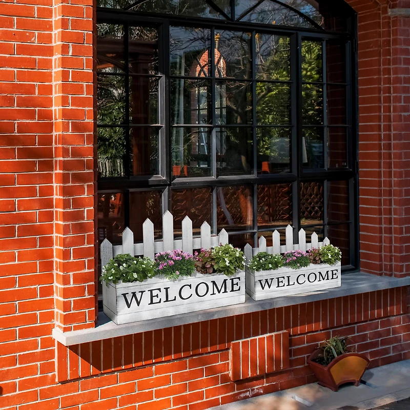 Glitzhome® White Wood WELCOME Fence-Inspired Planter Stand Set