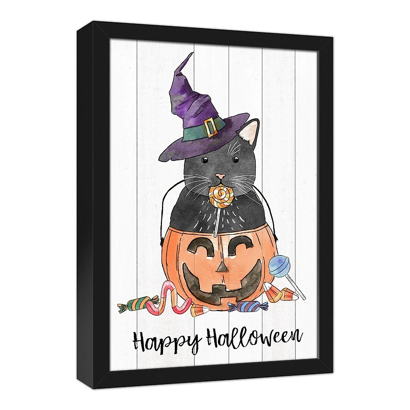Black Cat Candy Jack-O-Lantern Black Framed Canvas Wall Art