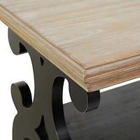 Black Wood Scroll Side Frames 2 Shelves Console Table with Brown Wood Top 38" x 15" x 32"