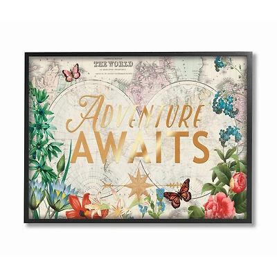 Stupell Industries Adventure Awaits Floral Map Framed Wall Art