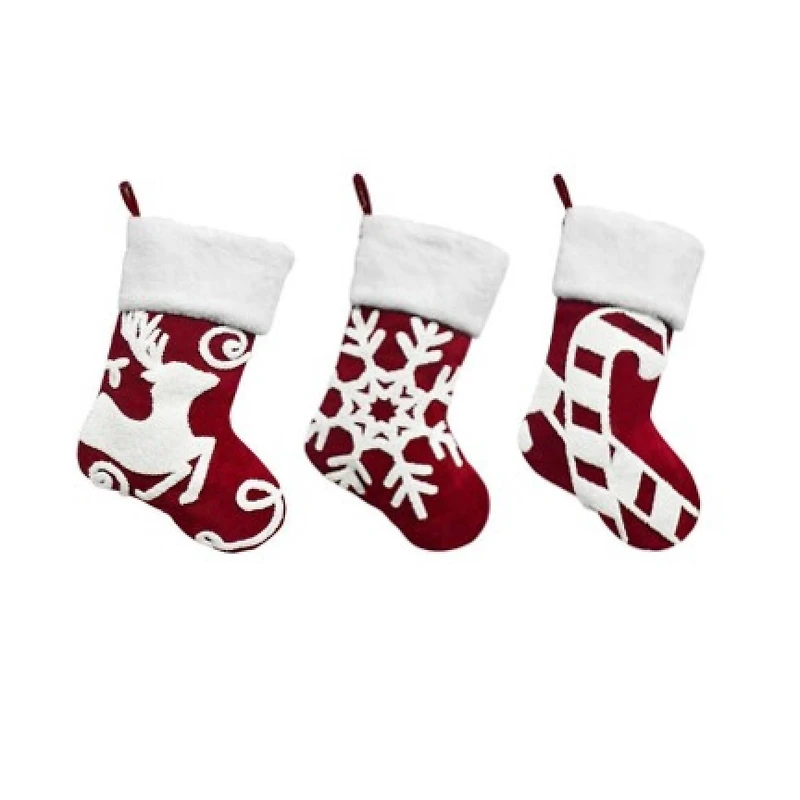 Reindeer and Snowflake Embroidered Christmas Stockings - 20" - Set of 3