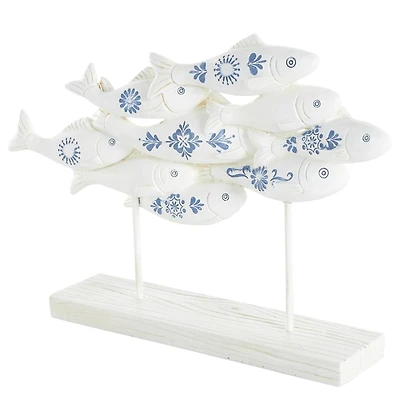 14.75" White & Blue Floral Polystone Fish Sculpture