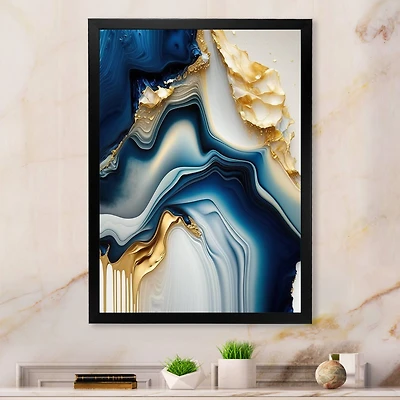 Designart 'Abstract Geode Gold And Blue Marble II' Marble Abstract Framed Canvas Wall Art