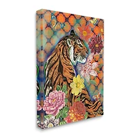 Stupell Industries Jungle Tiger Cat Over Orange Arabesque Floral Pattern Canvas Wall Art