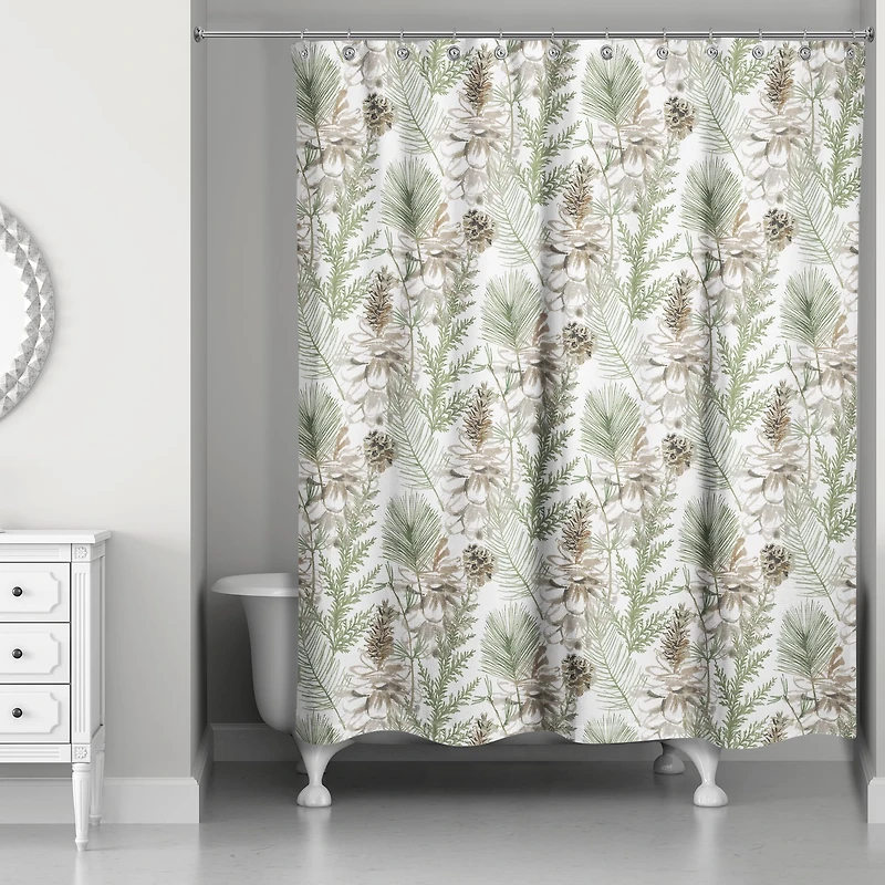 Pinecones & Greenery on White Shower Curtain