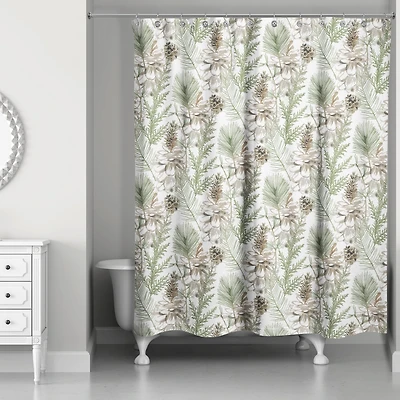 Pinecones & Greenery on White Shower Curtain