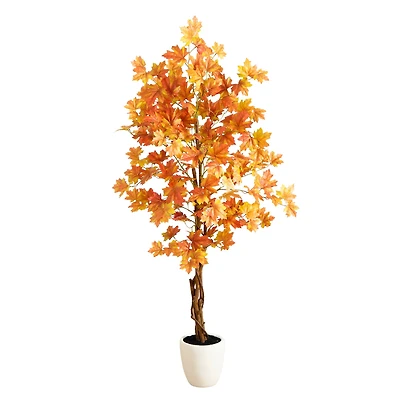 5ft. Artificial Fall Double Trunk Maple Autumn Tree in Decorative White Planter