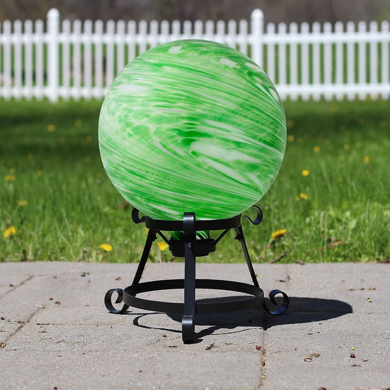 10" Green and White Swirls Glass Garden Gazing Ball