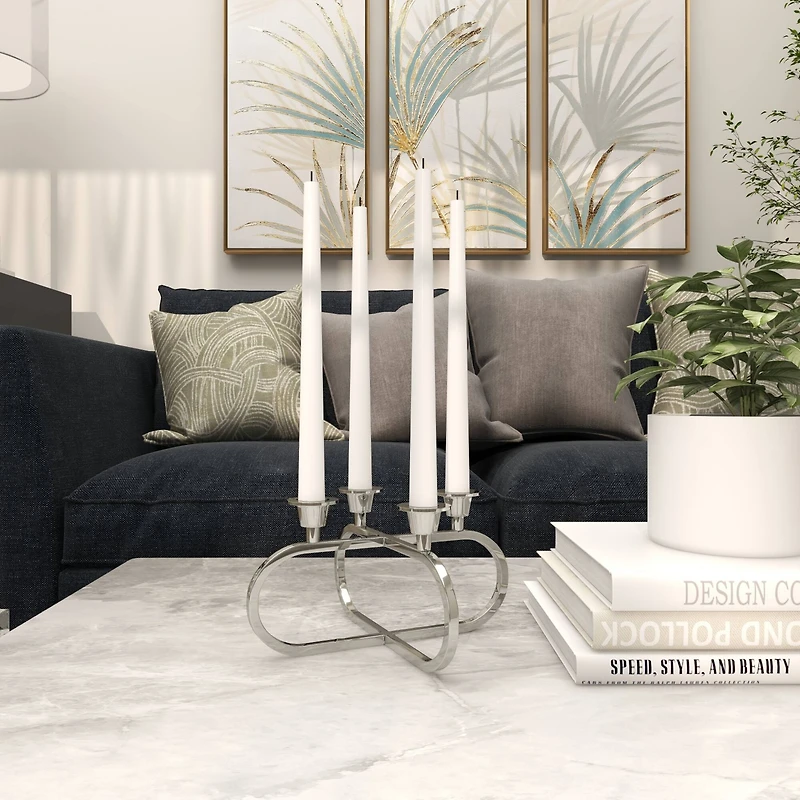 8" Silver Stainless Steel Overlapping Oval Geometric Candelabra