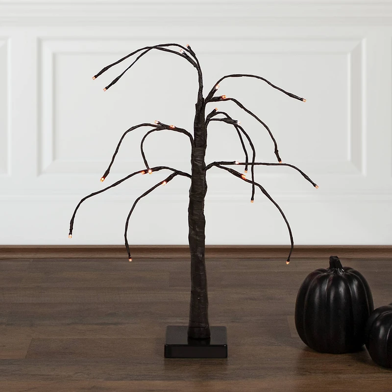 24" LED Lighted Black Weeping Halloween Twig Tree, Orange Lights