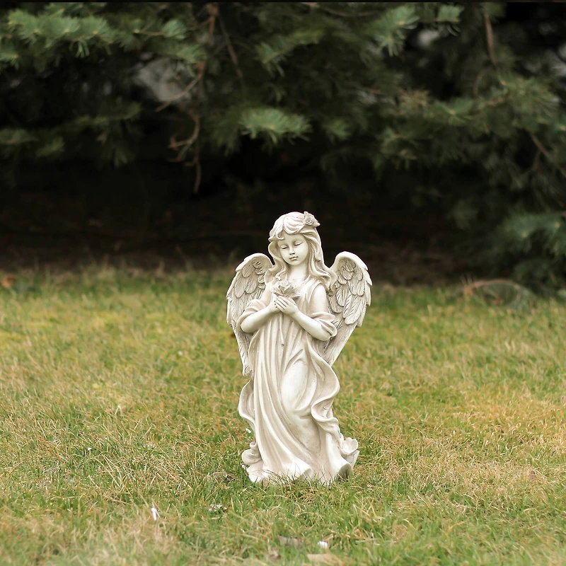 17" Peaceful Angel Holding a Rose Outdoor Garden Statue
