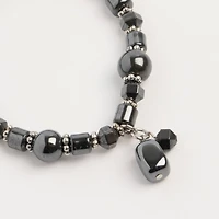 John Bead Hematite Gray Natural Stone Bracelet with Rectangle Charm