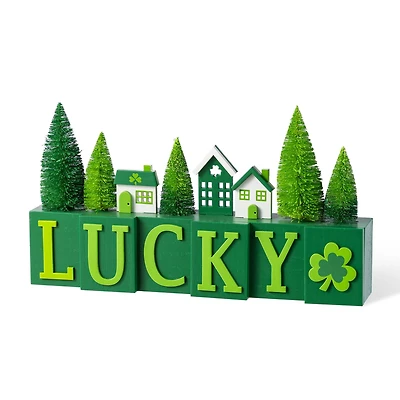 Glitzhome® 14" St. Patrick's Wooden House and Brush Trees "LUCKY" Table Decor