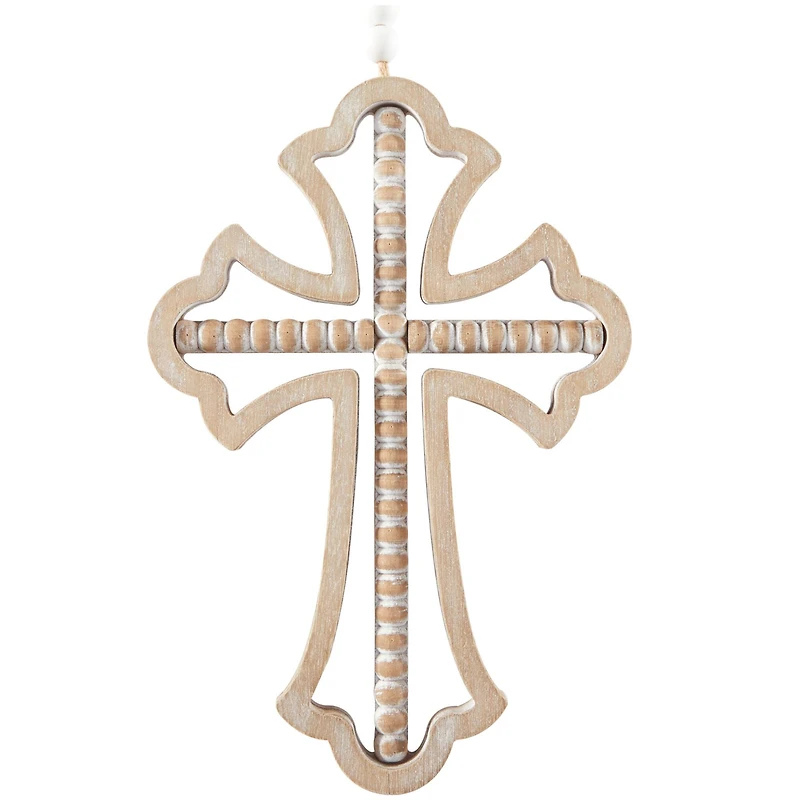 Light Brown Wood Carved Beaded Crosses Biblical Wall Decor with Rope Hanger Set of 3 9", 18"