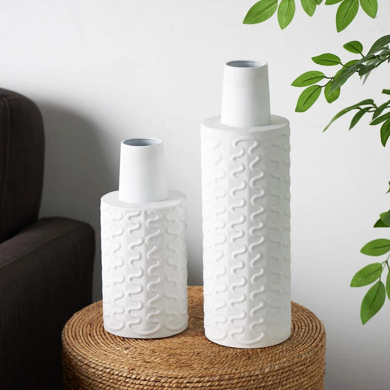 White Metal Abstract Wavy Textured Vase Set