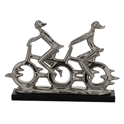 18" Silver Porcelain Cyclists Sculpture