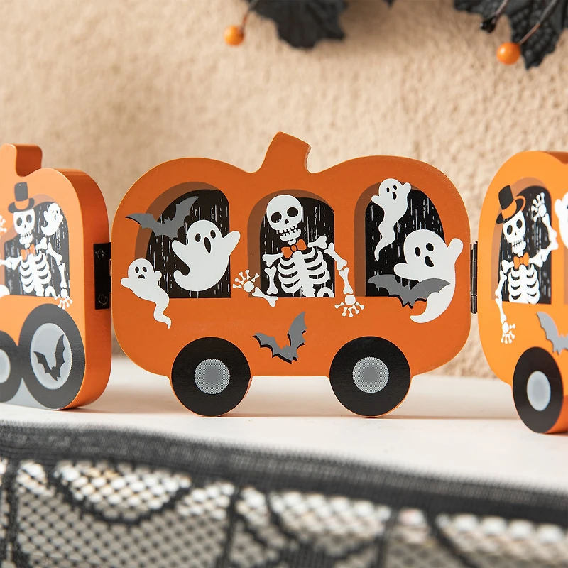 Glitzhome® 16" Halloween Skeletons & Ghosts Hinged Pumpkin Train Décor