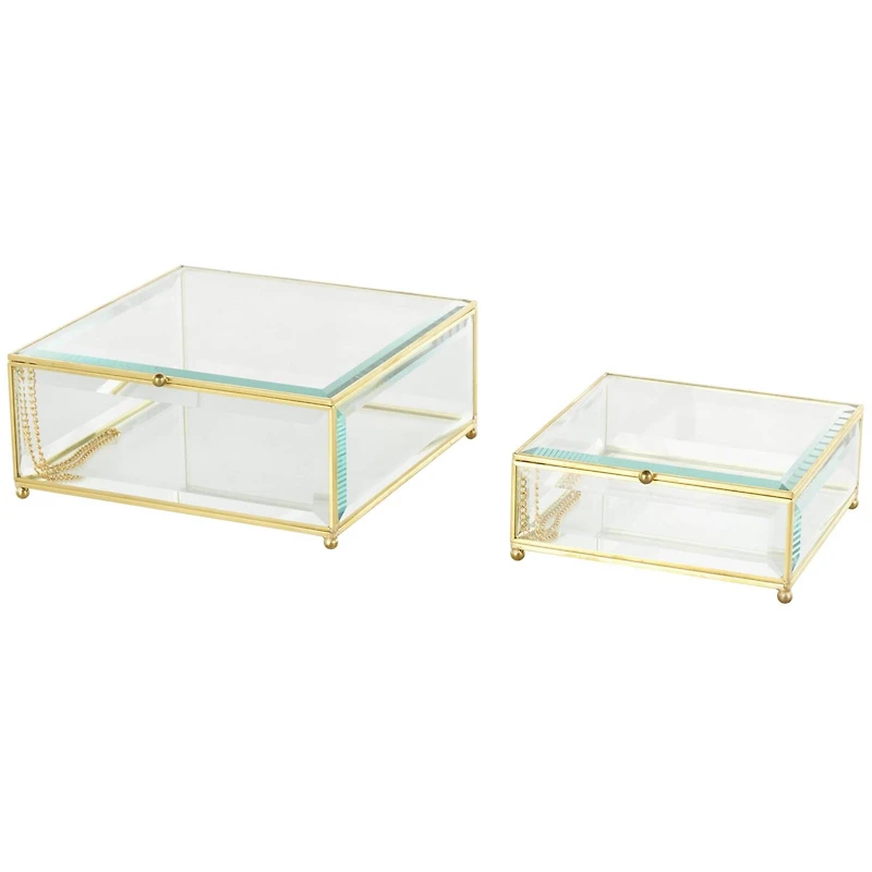 Clear & Gold Beveled Glass & Metal Square Footed Jewelry Box with Chain Accent Set