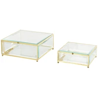 Clear & Gold Beveled Glass & Metal Square Footed Jewelry Box with Chain Accent Set