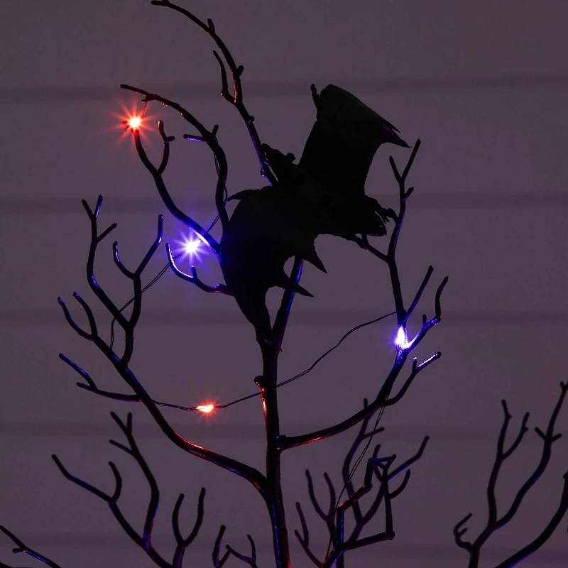 4ft. Pre-Lit Artificial Halloween Black Spooky Twig Tree with Bats and 120 Orange & Purple LED Lights