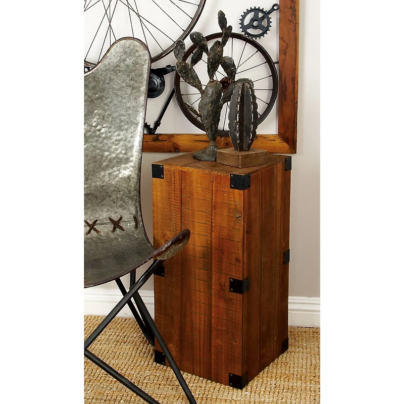 Set of 5" Brown Wood Farmhouse Pedestal Table, 36", 30", 24", 18", 12"