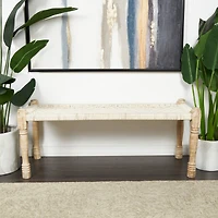 Beige Cotton Handmade Woven Chevron Bench with Mango Wood Legs