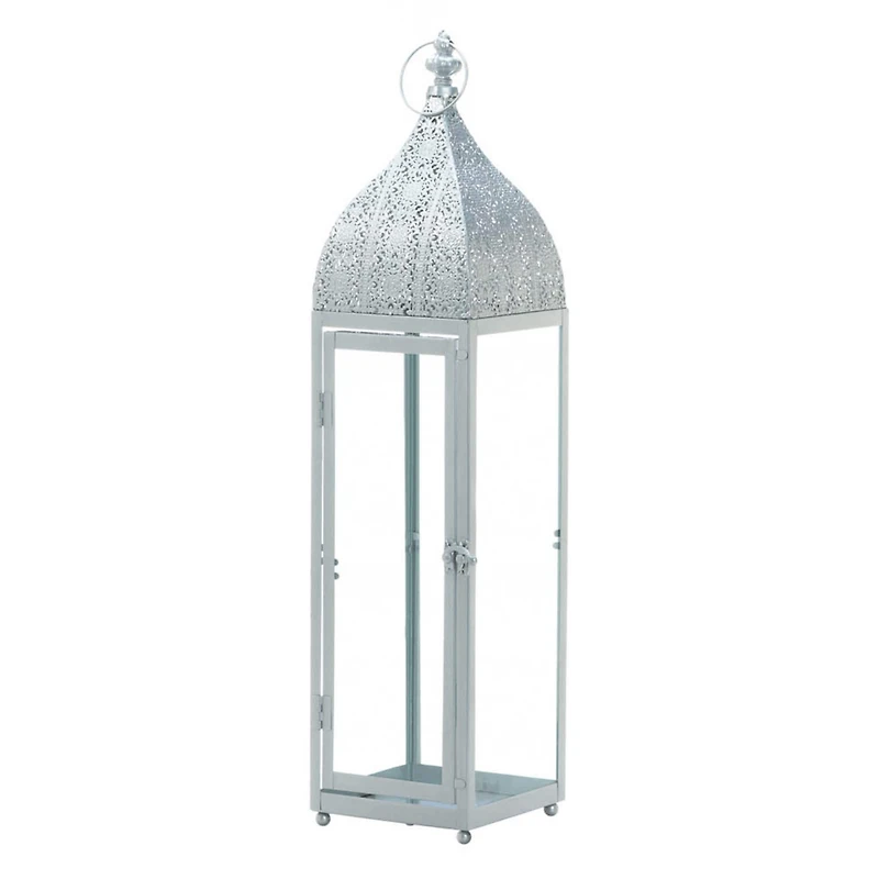 24" Large Silver Metal Rectangular Moroccan Style Candle Lantern
