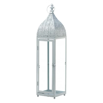 24" Large Silver Metal Rectangular Moroccan Style Candle Lantern
