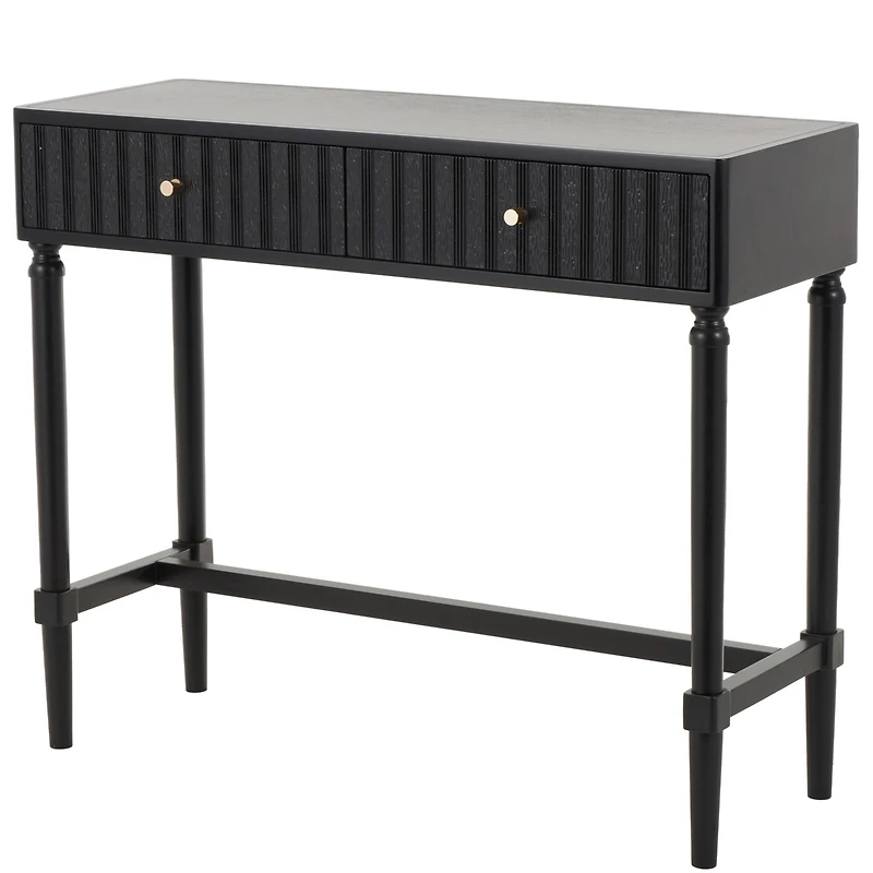 35.5" Black Wood Handmade 2-Drawer Console Table with Gold Handles