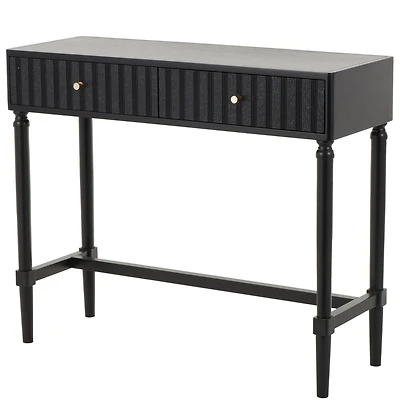 35.5" Black Wood Handmade 2-Drawer Console Table with Gold Handles