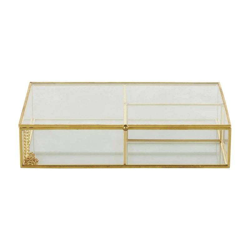 10" x 7" x 2" Clear & Gold 3-Slot Glass & Metal Jewelry Box with Chain Accent