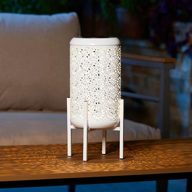 Glitzhome® 14.25" White Metal Cutout Flower Pattern Solar Powered LED Outdoor Lantern