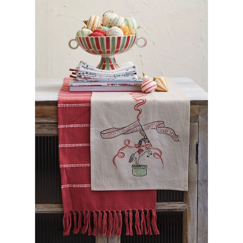 Hello Honey® 72" Red & White Brushed Cotton Flannel Table Runner with Stripes & Fringe