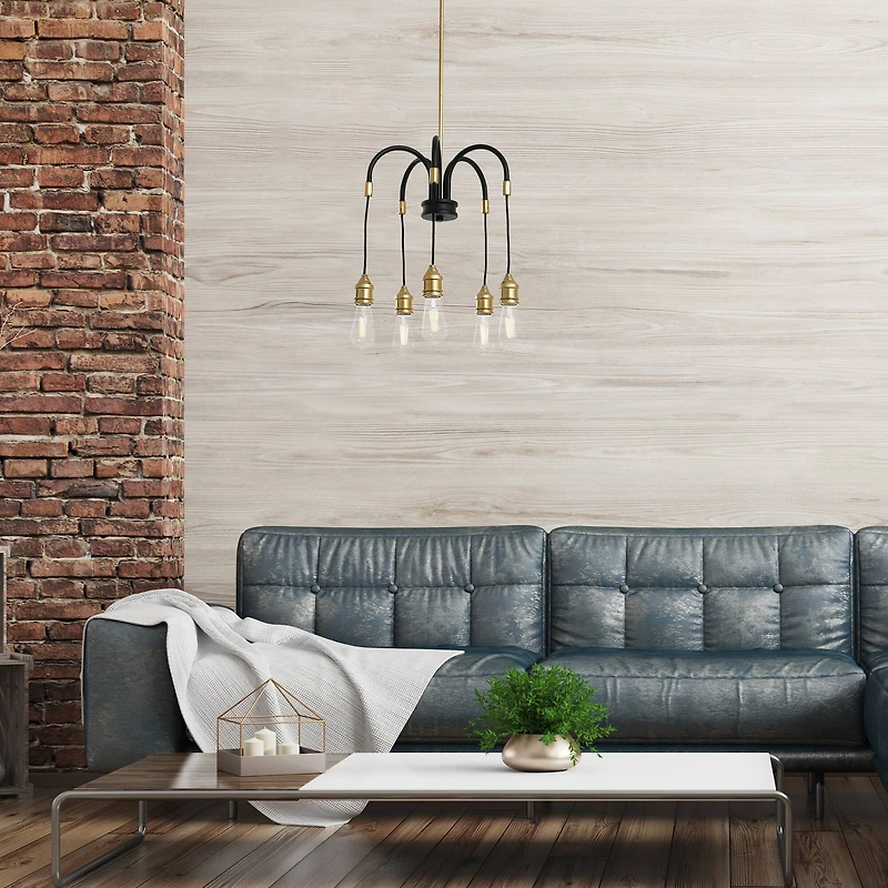 Hello Honey® Robert Stevenson Lighting Harper 19" Black and Brass 5-Light Exposed Bulb 2-Tone Metal Chandelier