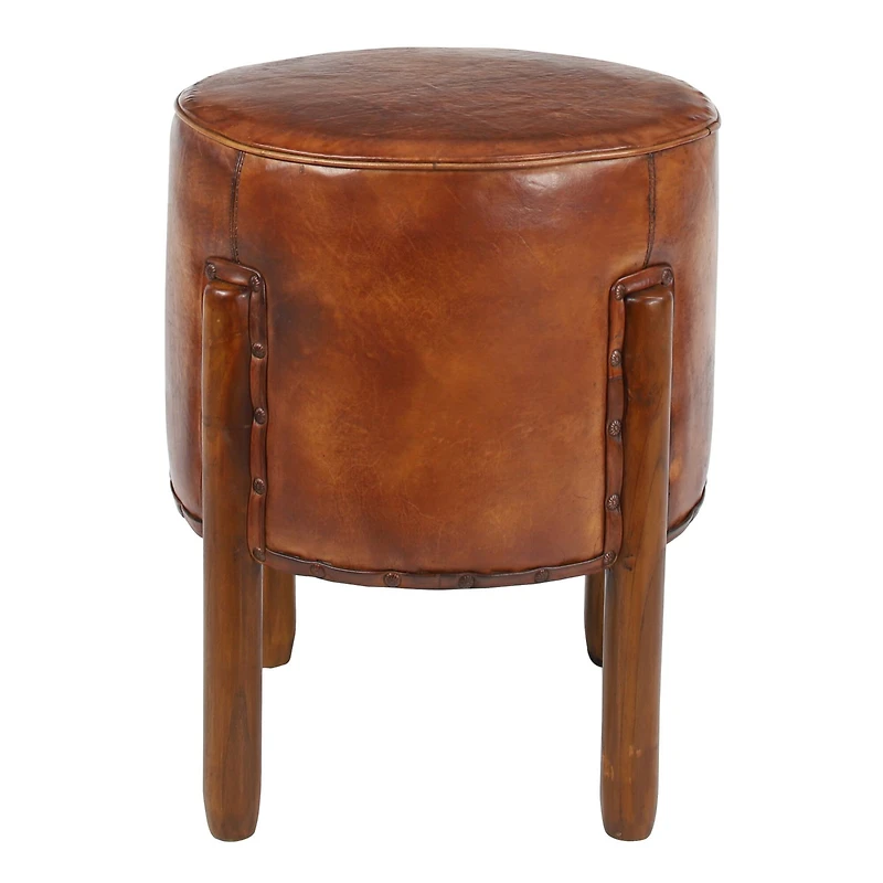 20" Brown Leather & Teak Traditional Stool