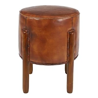 20" Brown Leather & Teak Traditional Stool
