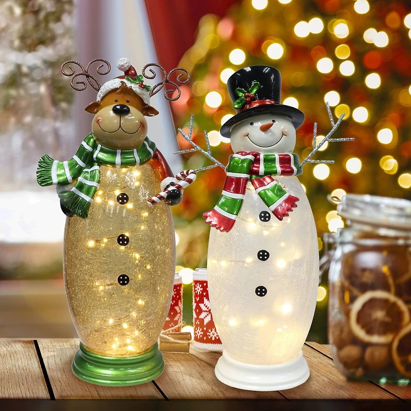 6 Pack: 16" Pre-Lit LED Crackle Glass Moose and Snowman Set