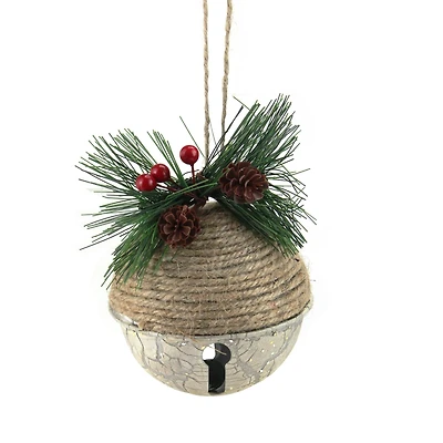 5" Green Rustic Pinecone & Holly Berry Jingle Bell Ornament