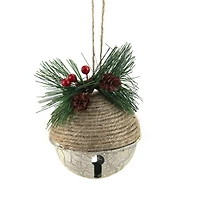 5" Green Rustic Pinecone & Holly Berry Jingle Bell Ornament