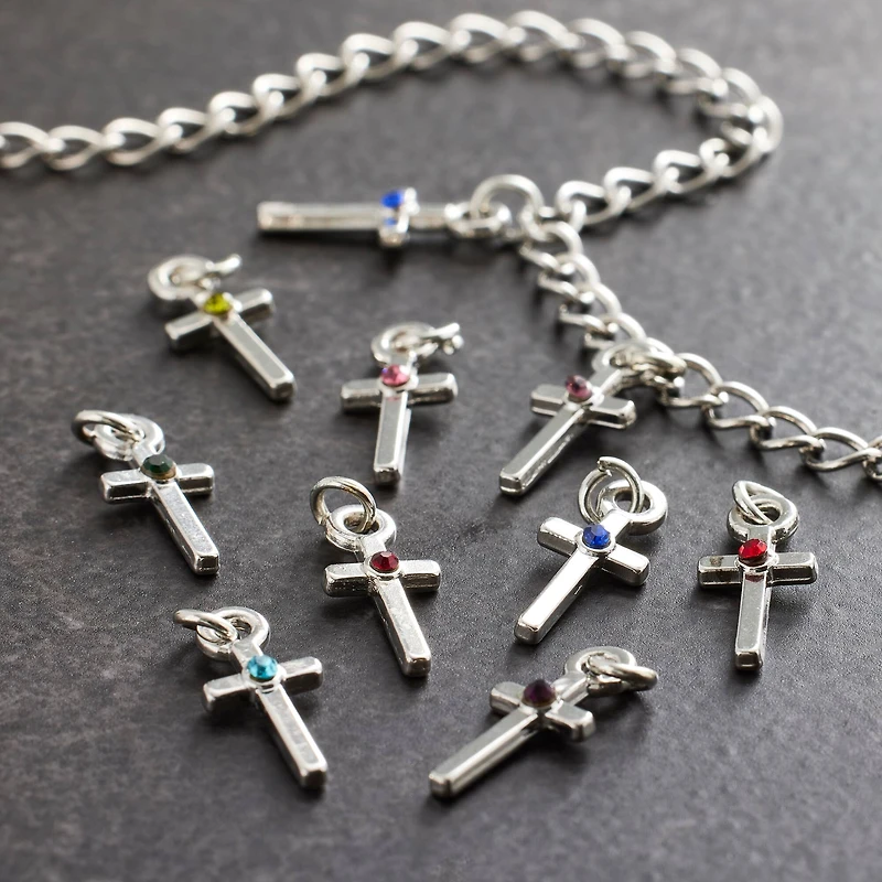 12 Packs: 12 ct. (144 total) Charmalong™ Rhodium Cross Birthstone Charms by Bead Landing™