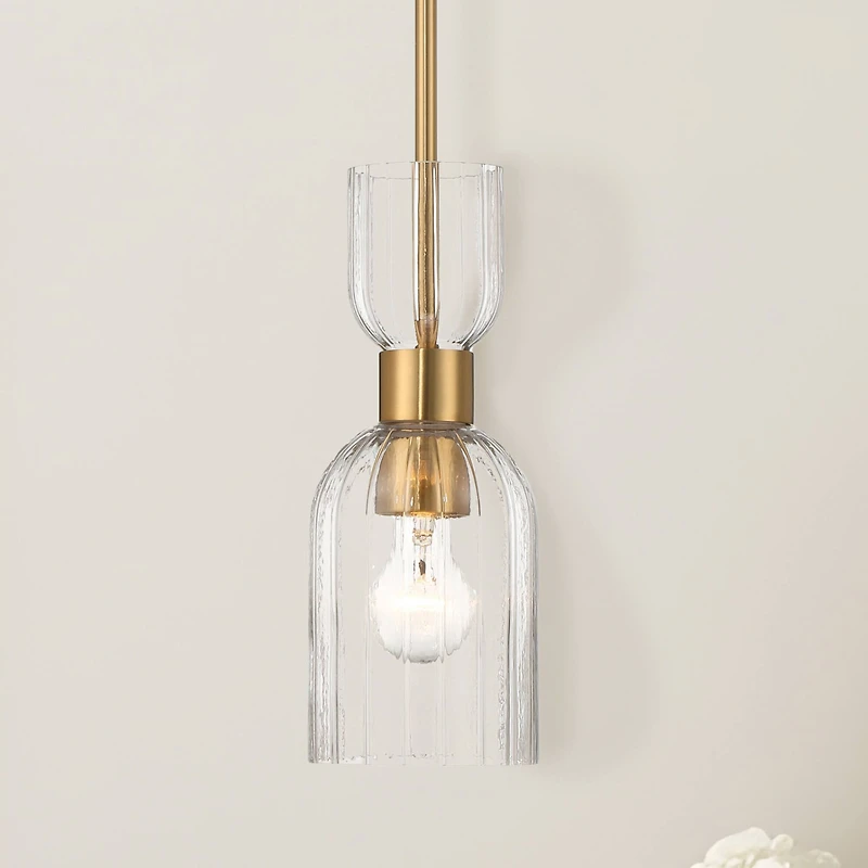 Hello Honey® Josephine Brushed Gold Mid-Century Modern Metal & Clear Ribbed Glass Ceiling Light