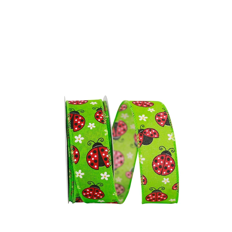 JAM Paper 1.5" x 20yd. Faux Linen Wired Ladybug Ribbon