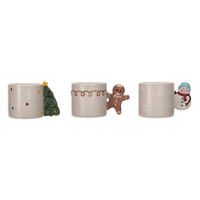 Hello Honey® 4" Hand-Painted Stoneware Mug with Holiday Icon Shaped Handle Set