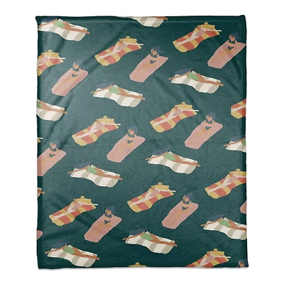 Navy Sun Bathers Pattern Coral Fleece Blanket