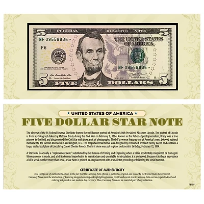 Five Dollar Star Note Protective Holder United States Genuine Currency