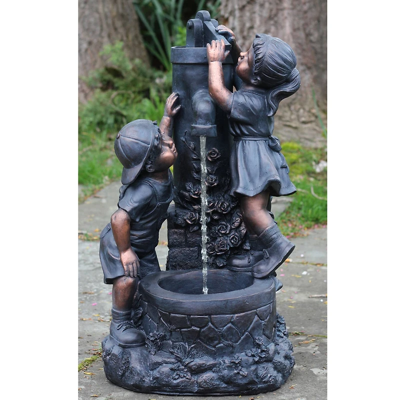 29" Bronze Children at the Water Pump Well Outdoor Garden Water Fountain
