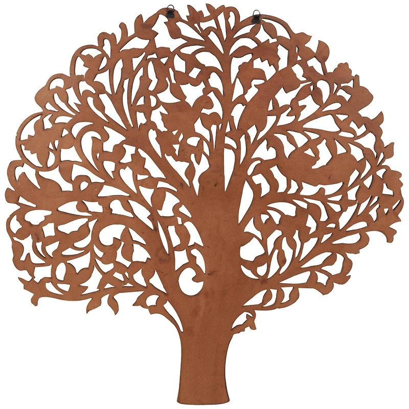 43" x 45" Brown Carved Wooden Tree Wall Décor with Bird Accents