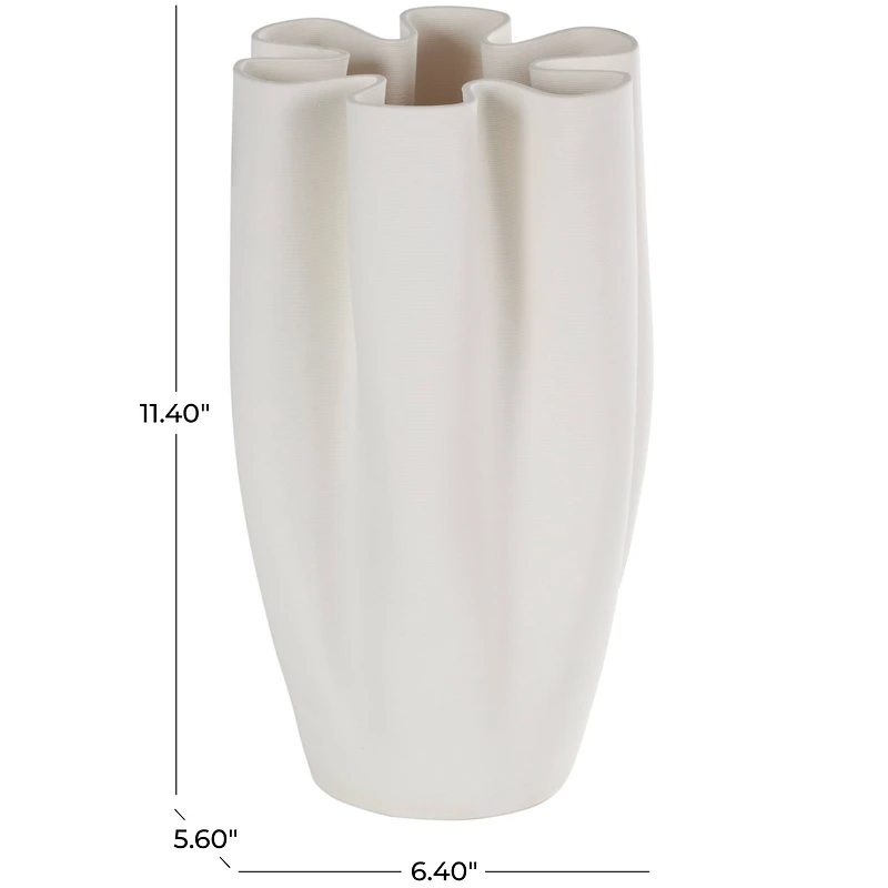 White Ceramic Abstract Ribbed Dimensional Folded Vase with Floral Shaped Rim
